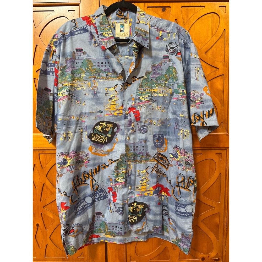 Kahala Mens Laguna Beach California Cotton Lawn Aloha Shirt Blue Large Handcraft